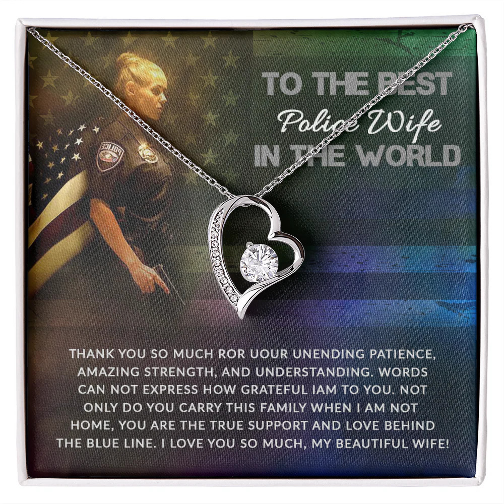 Police Wife Love Support Forever Love CZ Heart Necklace White Gold Standard Box
